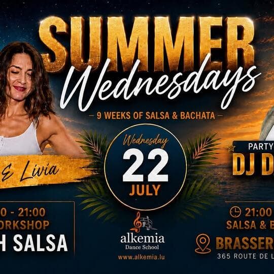 Nos mercredis Salsa & Bachata de l'été. 1 workshop de profs différents chaque mercredi. Et DJ Will